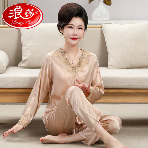 Langsha (Langsha) Pajamas de mère pour femmes en 2025 Nouveaux vêtements de soie à manches longues à manches longues confortables pour les personnes d'âge moyen et les personnes âgées peuvent être portées en dehors de la couleur de champagne 683 (long style) M recommandé 80-95 Jin [Jin est égal à 0,5 kg]