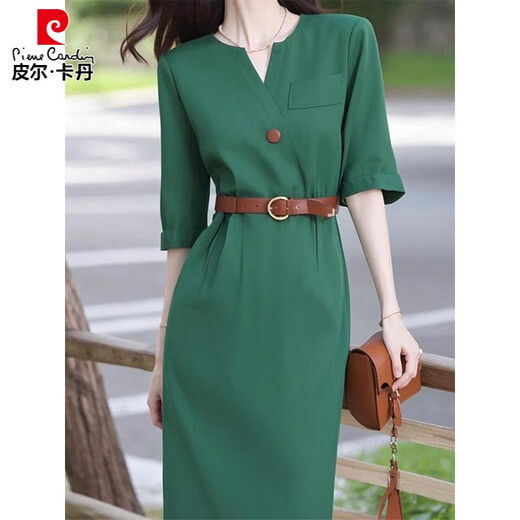 皮尔卡丹（pierre cardin）春夏出席重要场合气质女神范轻奢高级感上流社会绿色收腰连衣裙子 绿色连衣裙 XL 【建议115-125斤】