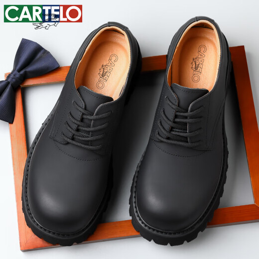 卡帝乐鳄鱼（CARTELO）英伦男士休闲皮鞋透气软牛皮德比鞋圆头厚底商务皮鞋男9930黑色43