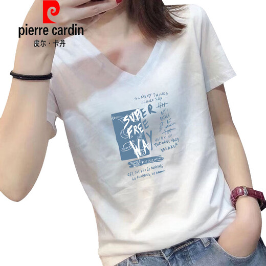 皮尔卡丹（pierre cardin）V领短袖t恤女2025年夏季新款白色纯|棉洋气宽松显瘦百搭上衣体恤 白色9901 XL 建议115-130斤