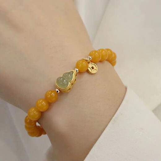 Fat Donglai's same style beeswax bracelet, beeswax bracelet, female old honey chicken oil yellow Hetian jade gourd, Hetian jade Fulu bracelet 8mm single circle bracelet