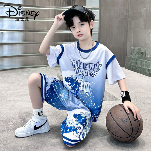 迪士尼（Disney）男童夏季套装库里30号球衣中大童短袖篮球服儿童运动速干衣两件套 9908蓝色 170