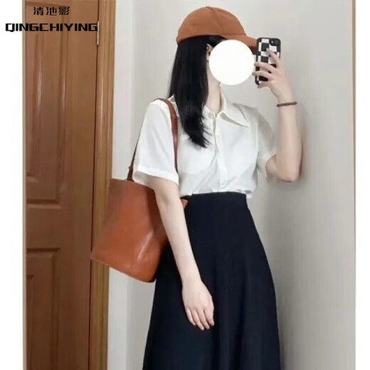 清池影（QINGCHIYING）夏季韩版宽松法式短袖衬衫+气质高腰A字中长款半身裙单件/两件套 【单件】687#白色衬衫 M 【建议90-100斤】