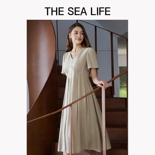 THE SEA LIFE连衣裙女欧海一生 法式V领连衣裙女2025夏新款收腰中长裙200039 山茶白 S