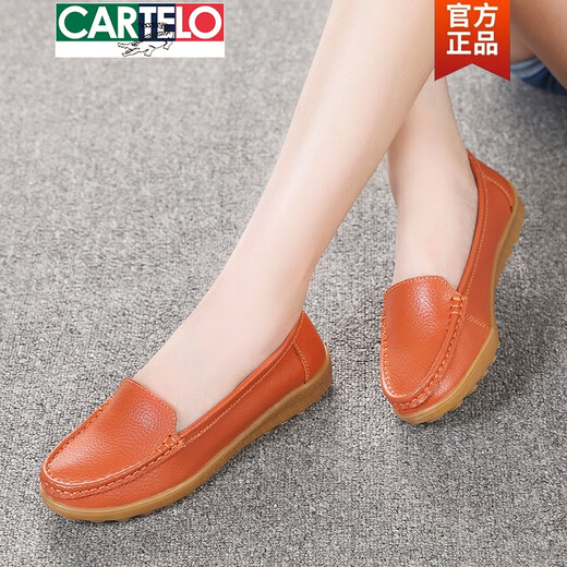 Cartelo Spring Flat Shoes For Women Genuine Leather Soft Sole Show Mother Shoes Breathable Mujer zapatos Single Beans Zapatos Gran tamaño de tendón de carne Suela casual de mujeres embarazadas 6629 gris hueco 37