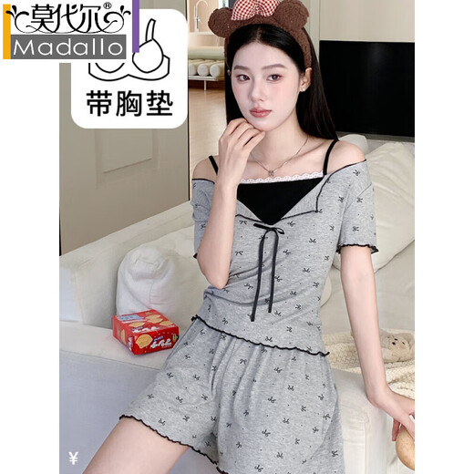 MODAL 2025 Nouveau pyjama sexy pour les femmes en manches courtes du printemps et en été, des poitrine, un ensemble de vêtements pour la maison intégré, WT844 M, modèle féminin [80-100jin [Jin est égal à 0,5 kg]]]