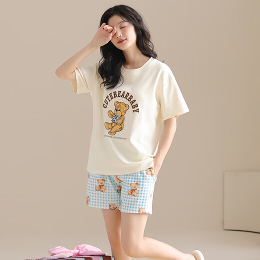 [纯棉][带胸垫]睡衣女夏款短袖短裤学生休闲可外穿家居服套装cker CKE-W6172-1A L