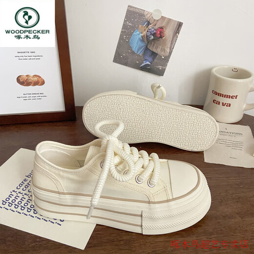 Spechtcreme Dick-Soled-Leinwandschuhe für Dünne Frühlings- und Sommer-Style-Ins Trendy Nische koreanische Version Big Head Schwamm Kuchen Studentin weiße Schuhe Milky White 35