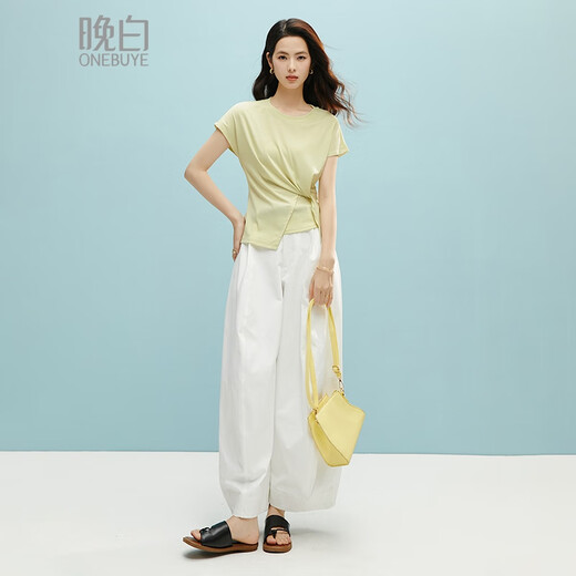 晚白【断码清仓】2025夏款奶黄色上衣圆领莱赛尔显白短袖t恤女 嫩黄色 S