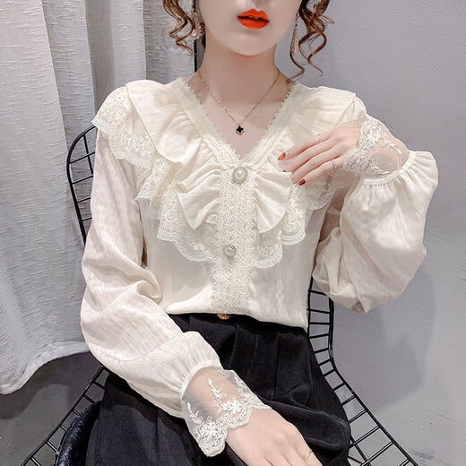 
Yu Zhaolin (YUZHAOLIN) [2694 people collect] 2025 summer new short-sleeved T-shirt for women's tops fashionable lace ruffled V-neck shirt white short-sleeved M