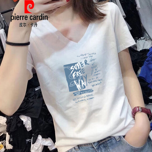 皮尔卡丹（pierre cardin）V领短袖t恤女2025年夏季新款白色纯|棉洋气宽松显瘦百搭上衣体恤 白色9901 XL 建议115-130斤