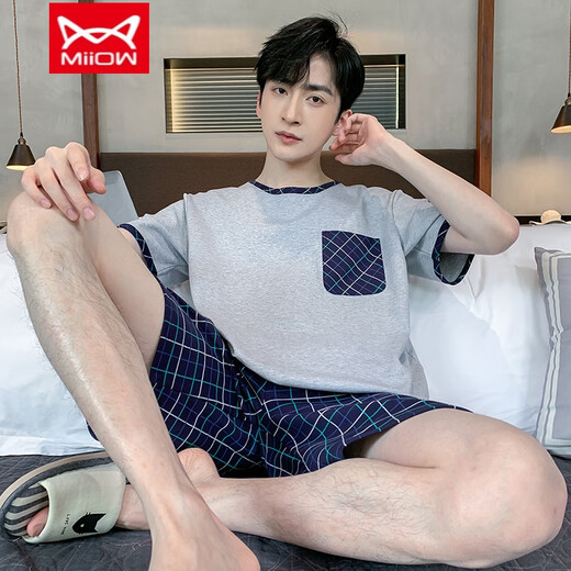 猫人（MiiOW）男士睡衣男款夏季薄款短袖短裤加肥加大码中青年可外穿家居服套装 9928# L 【建议100-120斤】
