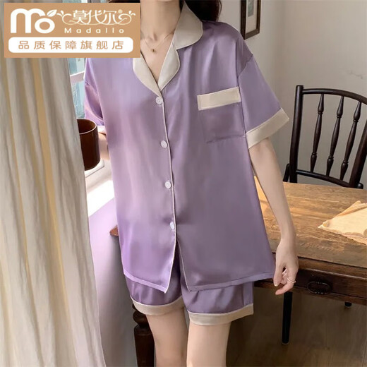 莫代尔ins风韩版简约冰丝睡衣女夏季短袖短裤套装少女丝 LW-9214【短袖短裤】 M 【建议80-100斤】
