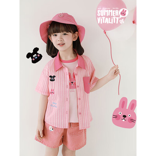 YouYou Girls Linte Pet Park Series 2025 Summer Simple Lapa Shirts Retro Denim Set Multi-Piece Shorts Camiseta Pink (x4859) 90 cm