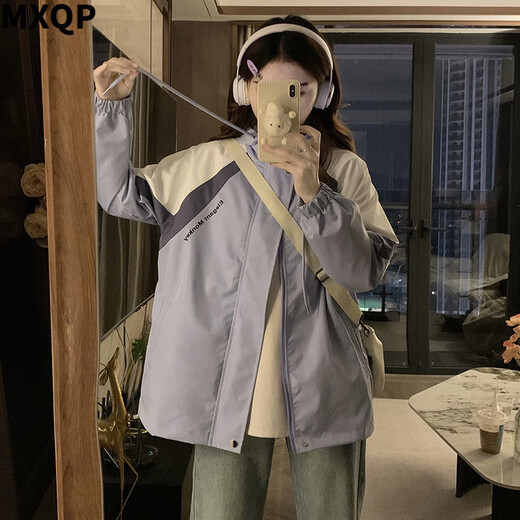 MXQP学院风棒球服外套女春秋季新款宽松休闲拼接撞色设计感立领上衣潮 1047粉色 L 【110-120斤】