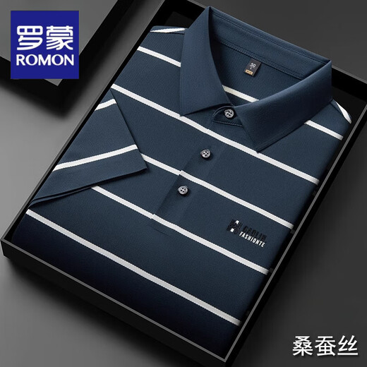 Romon (Romon) camiseta de manga corta de seda de seda de mulberry para el verano de los hombres, nuevos delgados polo de la solapa de rayas de mediana edad de mediana edad.