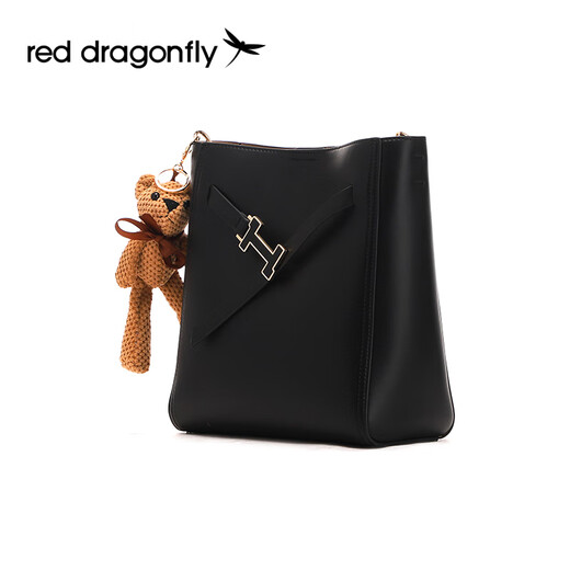 红蜻蜓（RED DRAGONFLY）新款简约水桶包萌趣小熊挂饰大容量女包 黑色9421A1391W