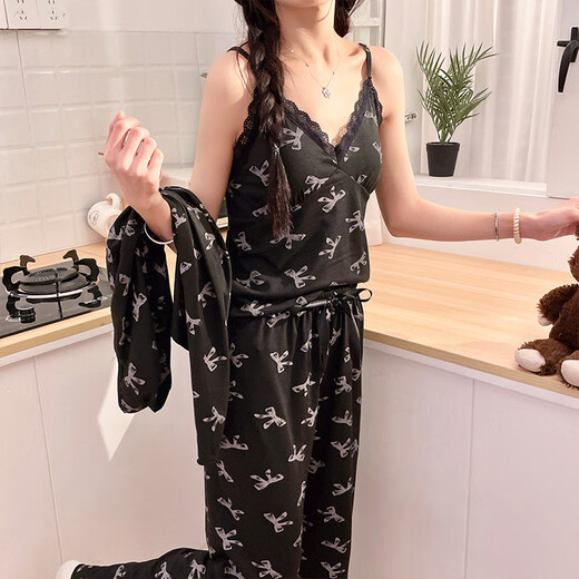 S.SOFEA女士长袖睡衣V领带胸垫家居服可外穿休闲两件套春夏秋 三件套WX13803黑(带胸垫) 170 M(80-100斤)