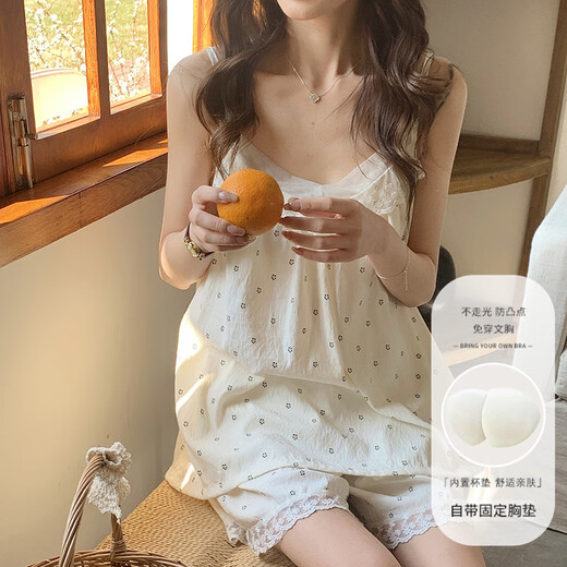 Jingpufei nuage d'été coton pyjamas short de suspension féminin ensemble deux pièces de vêtements de maison doux et mignons 834p # petites fleurs avec poitrine m m