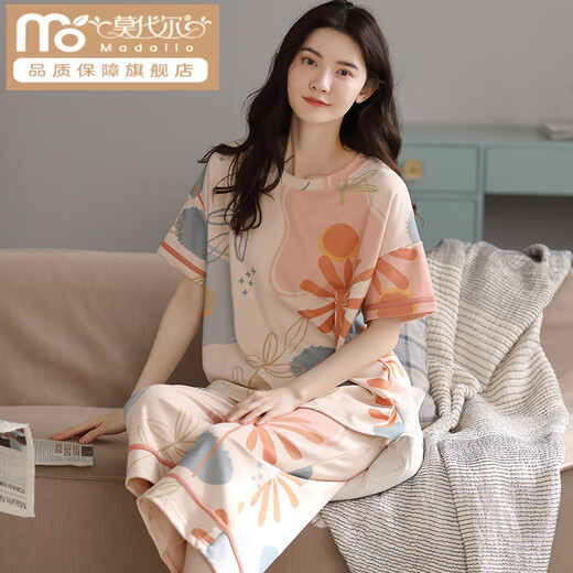 莫代尔睡衣女款夏季棉质短袖七分裤棉质圆点可外穿女士家居服 9848 【纯棉】 M 建议80-100斤穿