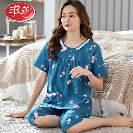 浪莎（LangSha）新款纯棉睡衣女夏季短袖七分裤中年妈妈大码薄款套装老年人家居服 t3937 M 建议75-95斤