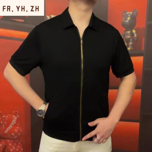 FR.YH.ZH天骏百货男翻领开衫拉链款短袖商务休闲休闲百搭高半袖OP3889 黑色 M 48(100-125斤)