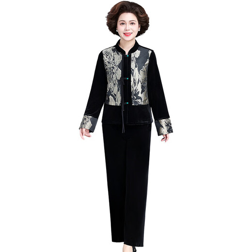 姿伟祺新中式妈妈端庄大气套装春季金丝绒上衣中老年女士春秋外套两件套 3523黑色 XL 【建议105斤以下】