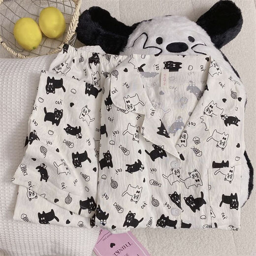 
S.SOFEA cloud cotton cat pajamas women's long-sleeved Japanese cute home clothes set 826# black and white cat 175 L