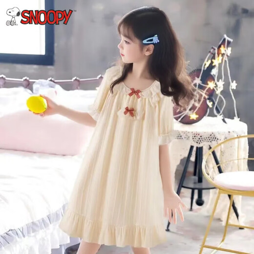 Snoopy, летняя новая ночная рубашка в стиле принцессы с короткими рукавами для девочек, свободная ночная рубашка для девочек, ледяной шелк, детские пижамы среднего и большого размера, 687, кружевная ночная рубашка с короткими рукавами и бантом, абрикосовая ночная рубашка 160 см