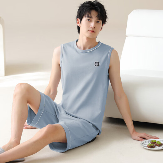 Modal simple pijama de algodón puro simple para hombres, pantalones cortos de chaleco sin mangas de verano delgados de algodón de algodón se puede usar ropa de hogar cómoda fuera de Omm13657 hombres l -