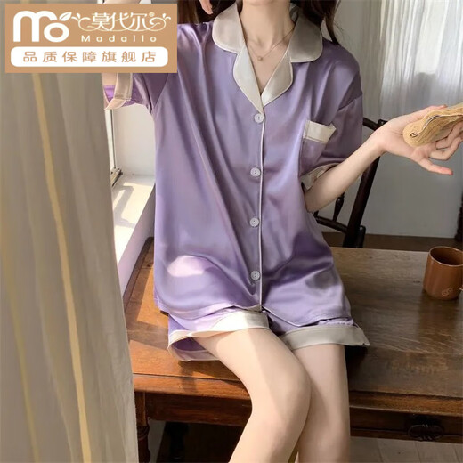 莫代尔ins风韩版简约冰丝睡衣女夏季短袖短裤套装少女丝 LW-9214【短袖短裤】 M 【建议80-100斤】