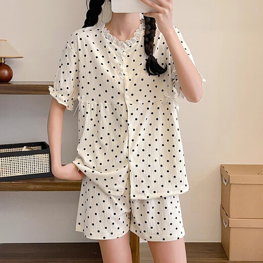 梦特娇（MONTAGUT）短袖睡衣女波点夏季短袖短裤新款薄款花边开衫甜美休闲家居服套装 ymq#12415 均码 m建议75-95斤