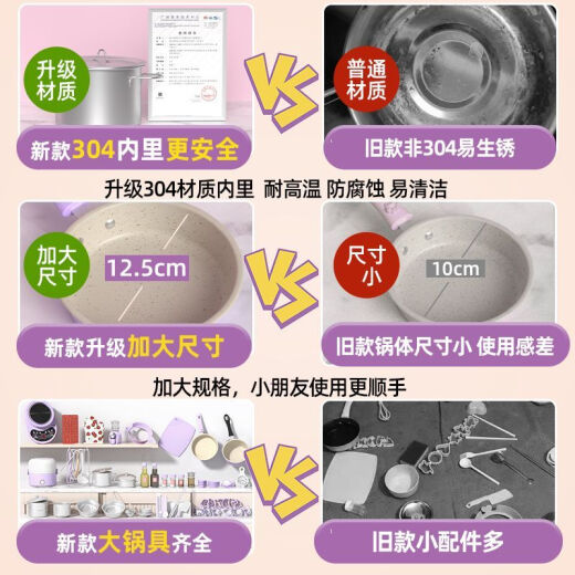 柏思乐儿童迷你小厨房真实版真煮全套装做饭玩具厨具食品级女孩生日礼物 304不锈钢403件套-粉-兔子电热炉