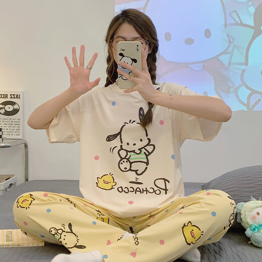 红豆睡衣女2025新款夏季短袖长裤纯棉初中学生女孩大童可爱家居服 6625-桃心小熊--短袖长裤-HZM M 女(高152-158，体重70-95斤)