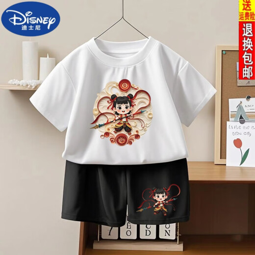 迪士尼（DISNEY）哪吒之魔童闹海男童女童纯棉短袖2025夏季新款儿童短裤套装两件套 1092#后包T酒红+小1098#黑短裤 90