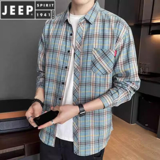 
JEEP SPIRIT plaid long-sleeved shirt 2025 spring and summer new men's trendy loose casual shirt thin sunscreen jacket men 9902 green M [recommended 90-110Jin [Jin equals 0.5 kg]]
