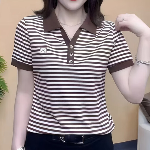 皮尔卡丹2025夏季新款时尚妈妈翻领条纹短袖T恤女polo衫休闲宽松百搭体恤 9928咖色 M 85-100斤