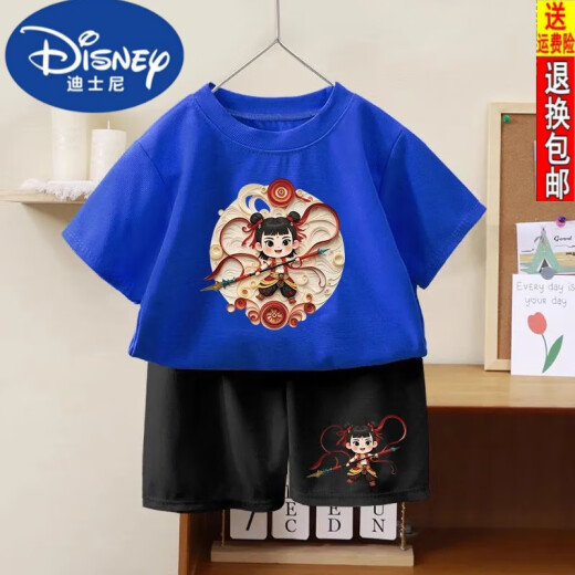 迪士尼哪吒之魔童闹海男童女童纯棉短袖25新款夏季新款儿童短裤套装两件 1092#后包T白+小1098#黑短裤 90