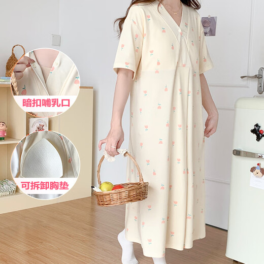 Ou Luxi's summer breastfeeding nightgown short-sleeved maternity confinement suit with chest pads large size pregnant women pajamas long hospitality delivery skirt feeding clothes SSY16803 3XL size recommended weight 148-170Jin [Jin equals 0.5 kg]