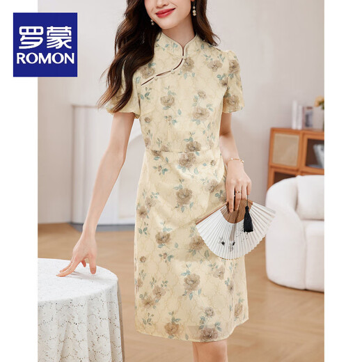 
ROMON Elegant Gold thread embroidered short-sleeved cheongsam skirt 2025 summer new style waist-hugging and slimming temperament elegant dress women's clothing 838 L