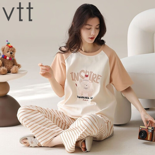 VTT睡衣女夏季纯棉短袖长裤薄款全棉夏天圆领家居服套装可外穿 V短袖长裤：YZT9721 M