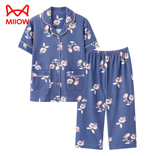 猫人（MiiOW）睡衣女夏季短袖七分裤开衫棉质翻领宽松大码休闲家居服套装可外穿 NX9871 M 女