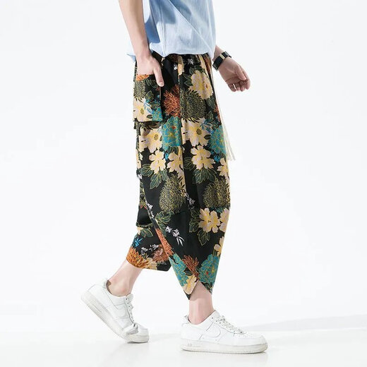 Wanjun Pantalon recadré pour hommes et ethnique chinois pantalons décontractés imprimés pantalons larges lâches