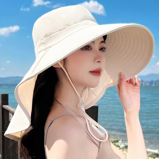 Pdmcms seaside sun protection hat women's large brim summer sun hat neck protection integrated sun hat covering face and neck beach hat large brim sun hat off-white full face sun protection