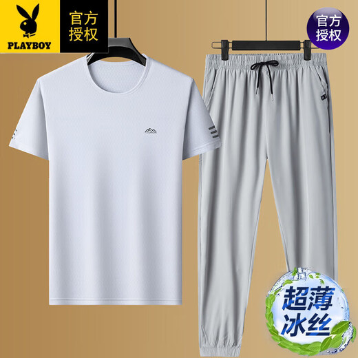 Playboy Casual Anzug Herren Sommermode kurzärmelige T-Shirt Sportshorts Daddy Ice Seide Schnellrocken-Set PZ5012-Black [Blue Top + Black Shorts] M 165 schlägt 90-110jin [Jin gleich 0,5 kg] vor]