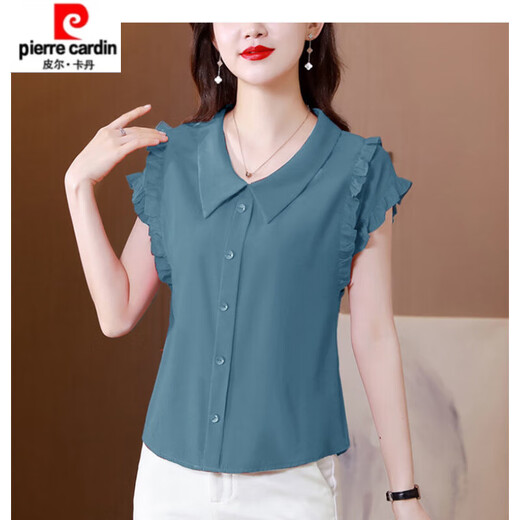 Pierre Cardin chiffon sleeveless top, stylish shirt, girl's doll collar shirt, short-sleeved, versatile chiffon belly-covering chiffon shirt, 6218 Internet celebrity haze blue M. It is recommended that 100Jin Jin is equal to within 0.5kg.