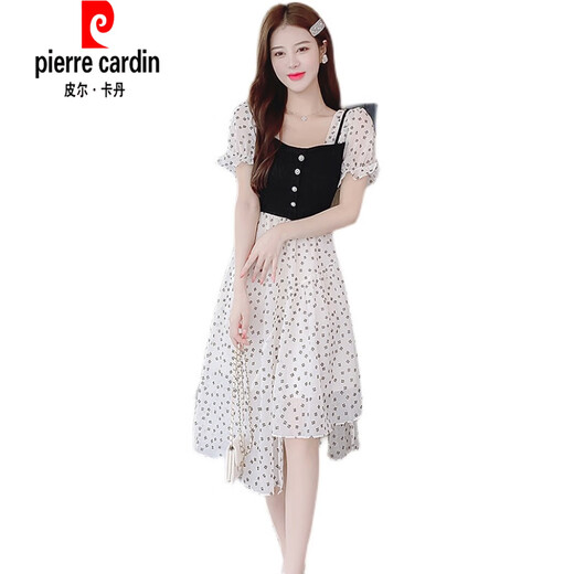 Pierre Cardin 2022 NOUVEAU Été Floral Murffon Fausse Robe à suspension Two-Piece pour femmes Tempérament d'été épissant grande version Jupe féminine 9925 # Couleur d'image S