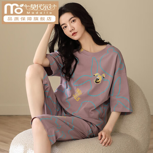 莫代尔睡衣女款夏季棉质短袖七分裤棉质圆点可外穿女士家居服 9848 【纯棉】 M 建议80-100斤穿