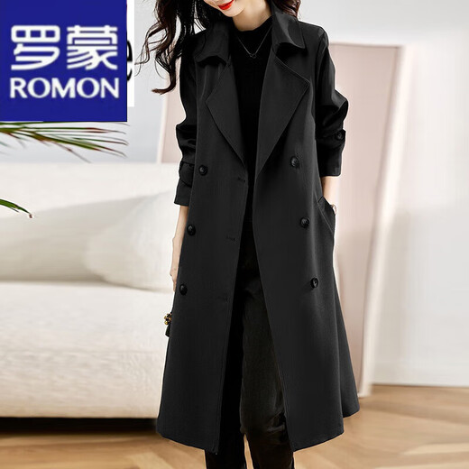 ROMON trench coat for women 2024 spring new mid-length spring and autumn women's clothing small commuting casual versatile coat black XL