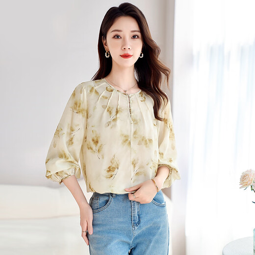 源头工厂夏季新灯笼长袖衬衫女真丝双绉100%桑蚕丝衬衣打底衫9926 绿卡色 均码 M(90-115斤)